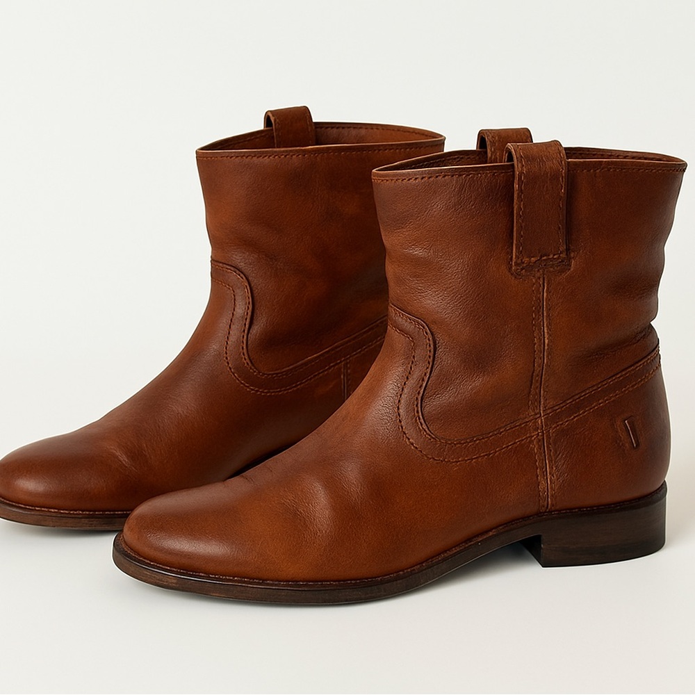 Frye Anna Shortie Cognac Brown Leather Pull-On Boots Women’7M Western Soft Shaft